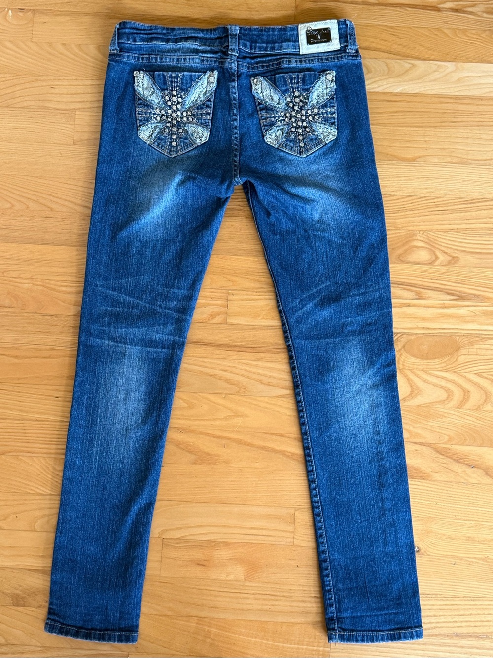 🤠 Sweet Look Premium Embellished Crystal Bling Y2K Hip Hugger Skinny Jeans Sz 11